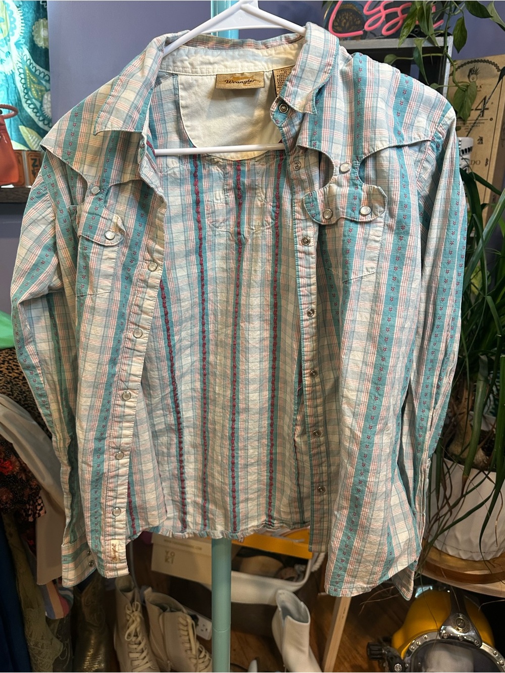 Wrangler Teal, White & Pink Striped Western Snap Shirt
